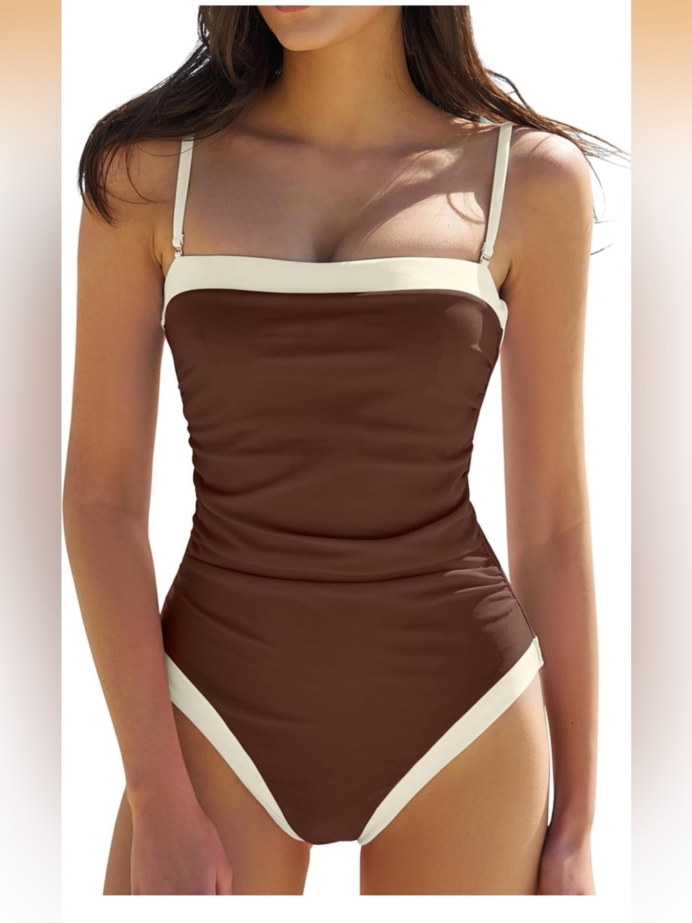 One Piece Swimsuit Brown  Tummy Control Monokini High Cut Square Neck 1811/12-1